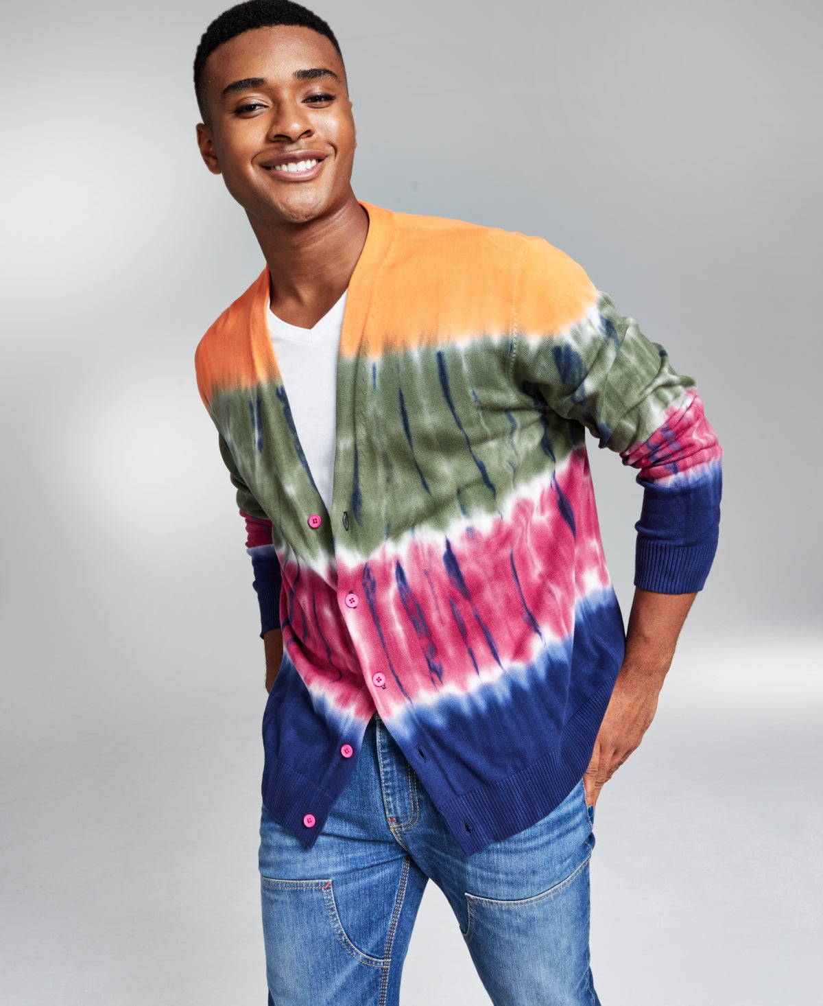 And Now This Mens Tie-dye Cardigan Sweater Green Orange Blue Pink Large