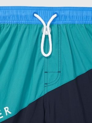 Tommy Hilfiger Mens Colorblocked Drawstring Swim Trunks Small Blue Green