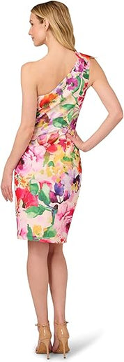 Adrianna Papell Women's Floral Print One Shoulder Pleated Dress 6 Multicolor