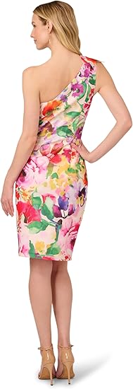 Adrianna Papell Women's Floral Print One Shoulder Pleated Dress 6 Multicolor