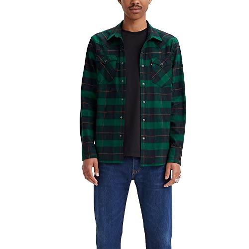 Levis Mens Western Long Sleeve Button Down Shirt Quentin Plaid Green Medium