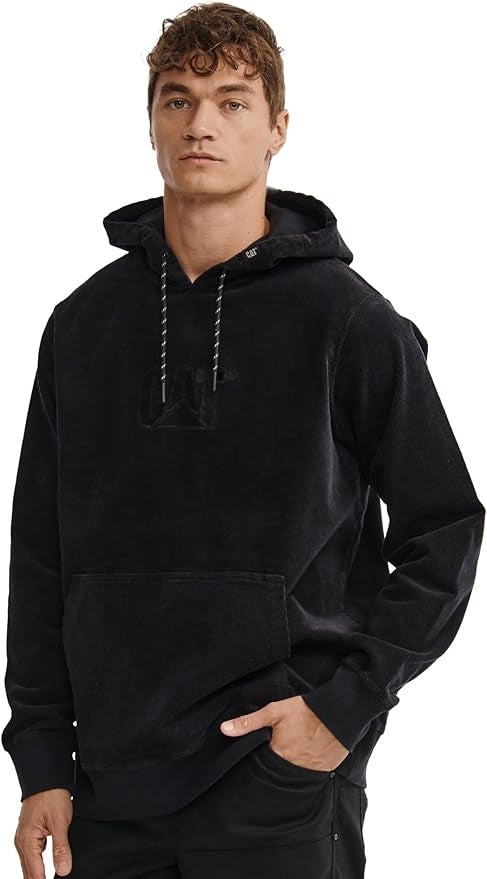 CAT Caterpillar Mens Corduroy Pullover Hoodie Sweatshirt Medium Black