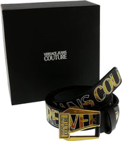 VERSACE JEANS COUTURE Black/Gold Buckle Lettering Leather Adjustable Belt 34