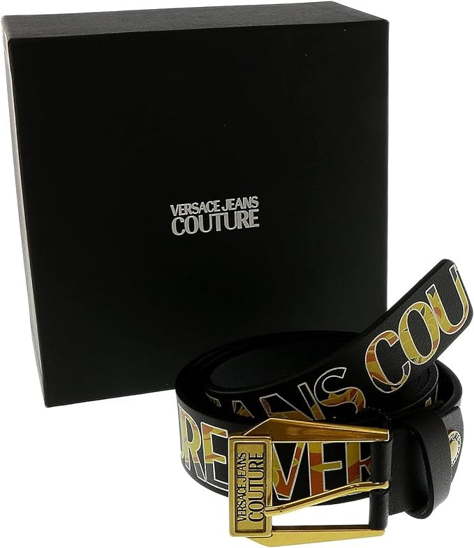 VERSACE JEANS COUTURE Black/Gold Buckle Lettering Leather Adjustable Belt 34