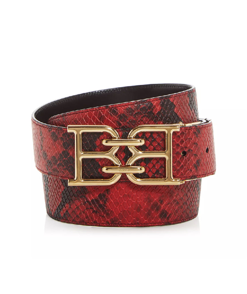 Mens Bally Mirror Double B Buckle Snakeskin Leather Belt Red Black Size 120