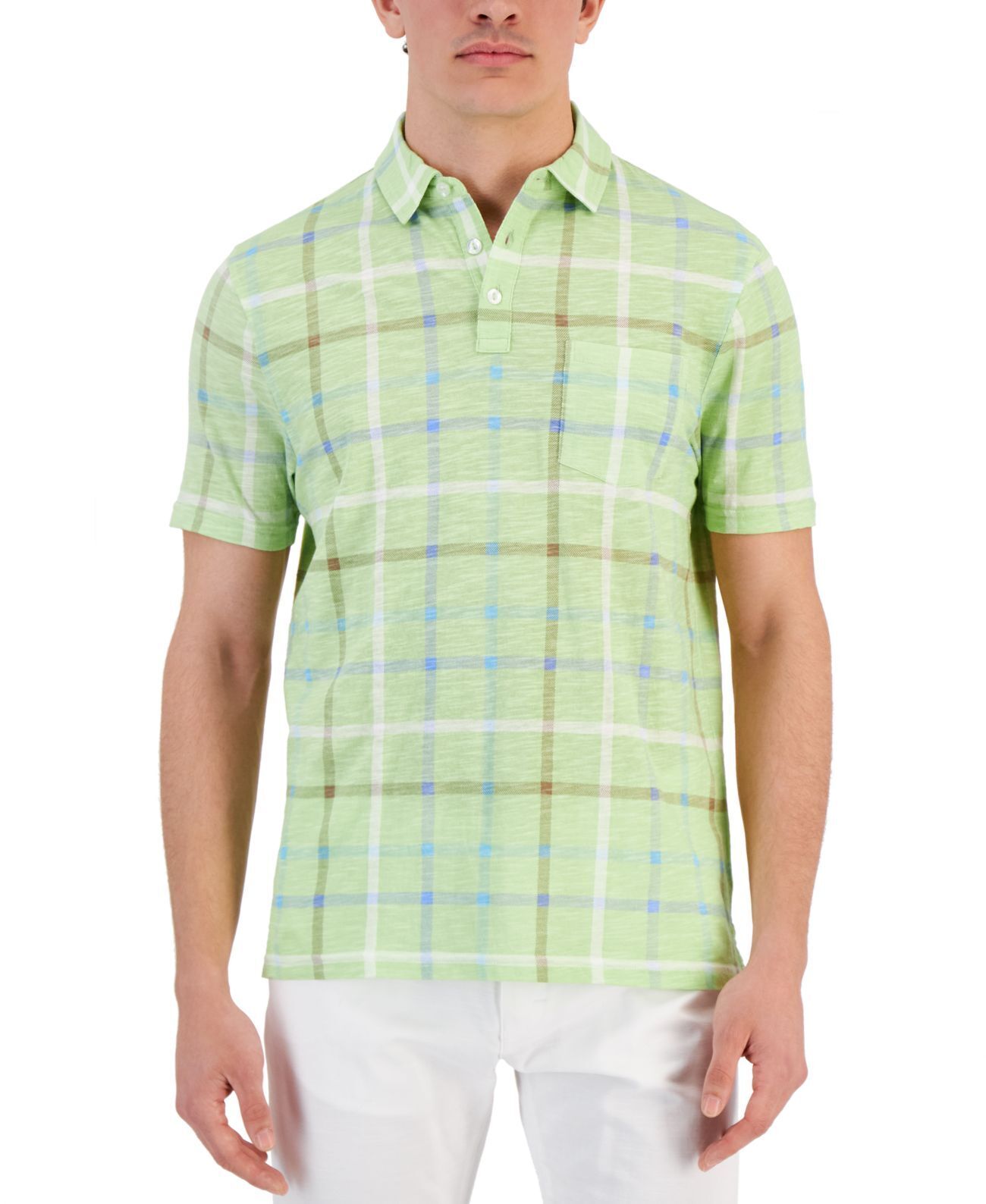 Club Room Men’s Green Textured Windowpane Check Polo Shirt Small