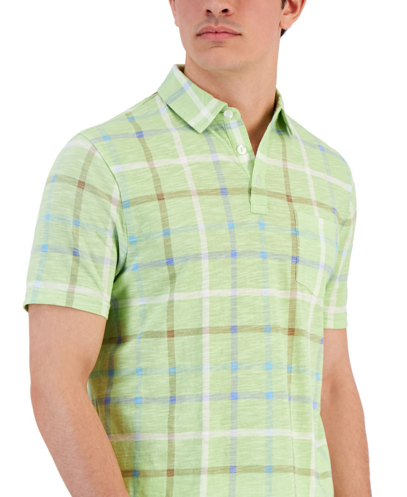 Club Room Men’s Green Textured Windowpane Check Polo Shirt Small
