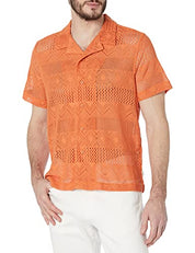 GUESS Men's Short Sleeve Geometric Crochet Button Down Knit Shirt Orange XL