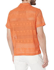 GUESS Men's Short Sleeve Geometric Crochet Button Down Knit Shirt Orange XL