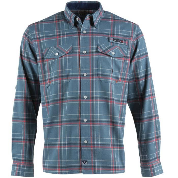 Salt Life Mens Stern Performance Plaid Button Down Shirt Coastal Blue 2XL