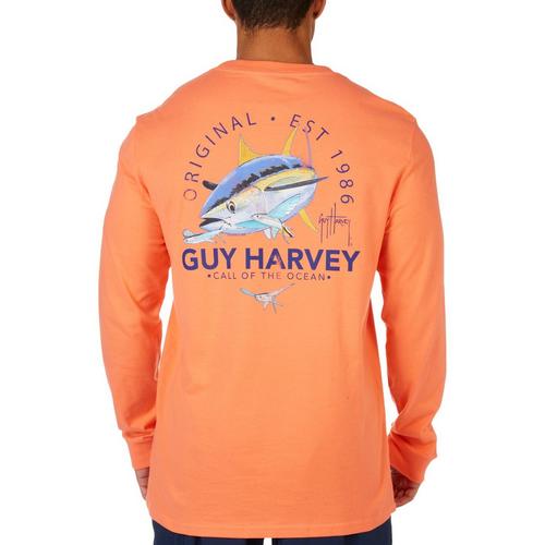 Guy Harvey Mens Tuna Core Long Sleeve Crewneck T Shirt Living Coral Small