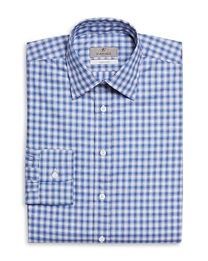 Canali Mens Modern Fit Sport Dress Shirt Large Blue Plaid