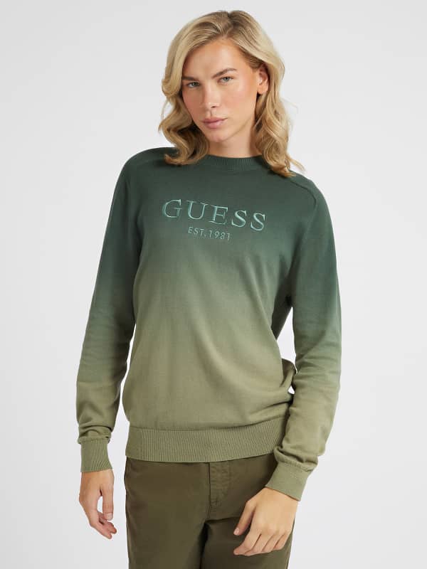 Guess Men's Embroidered Logo Ombre Sweater Medium Green Wool Blend