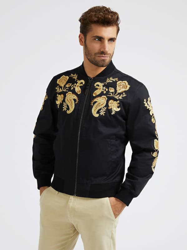 Guess Men's Maxim Embroidered Zip-Front Bomber Jacket XXL 2XL Jet Black