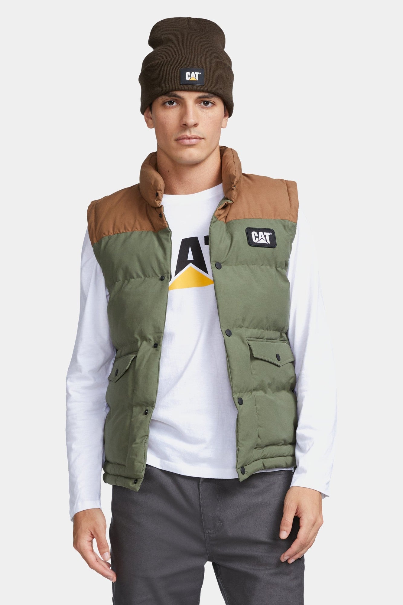 Caterpillar Mens Two-Tone Logo Puffer Vest Medium Green Blue