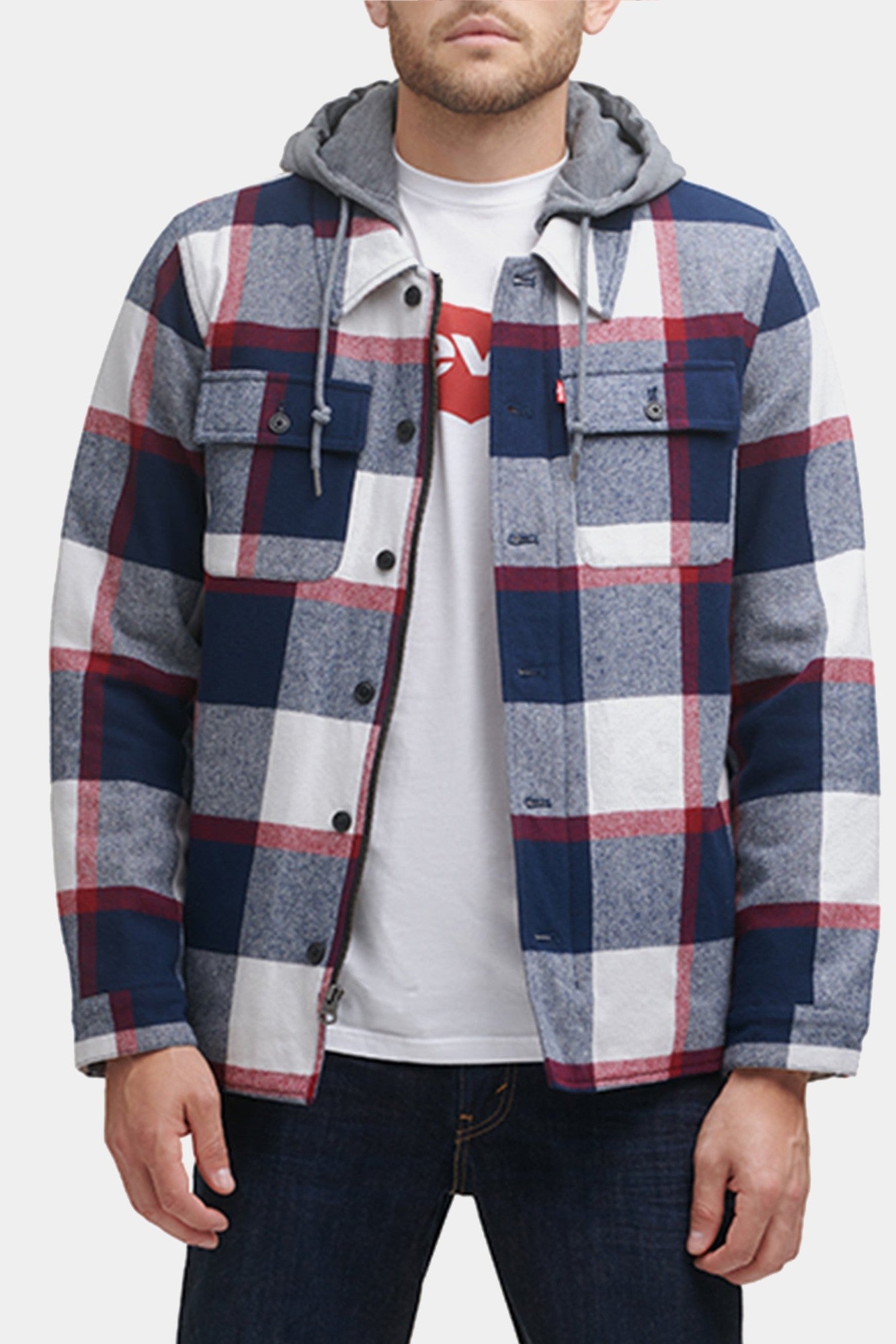 Levis Mens Faux Sherpa Lined Shirt Jacket Navy Red Plaid XL