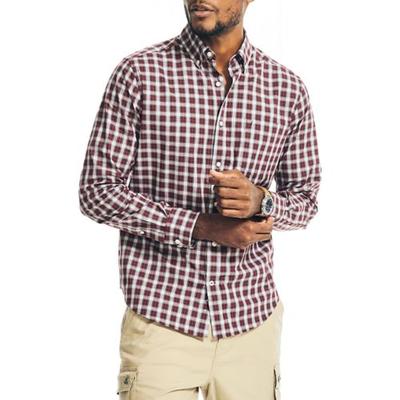 Nautica Mens Wrinkle Resistant Plaid Button Down Shirt Shipwreck Burgundy Small