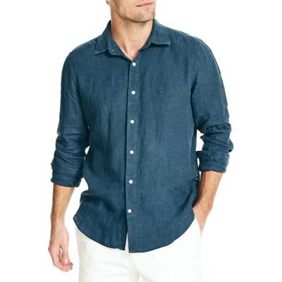 Nautica Mens Linen Long Sleeve Button Down Shirt Blue Small