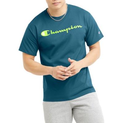 Champion Men's Graphic Jersey Screen Print Script T Shirt Green Blue Medium