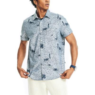 Nautica Printed Short Sleeve Button Down Shirt Lapis Blue Large
