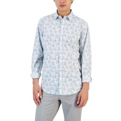 Alfani Men's Entour Leaf Print Button Down Shirt White Blue Small