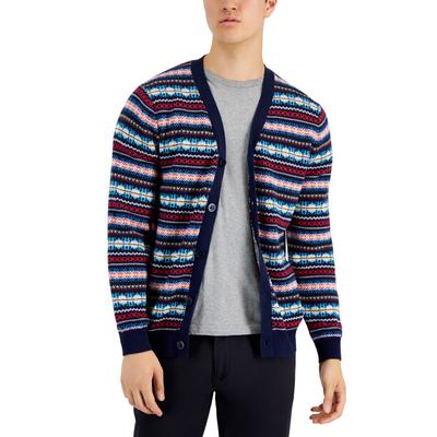 Club Room Mens Fair Isle V-Neck Cardigan Sweater Small Navy Blue