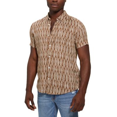 Guess Men's Geometric Leaf print Button down Shirt Brown White Small