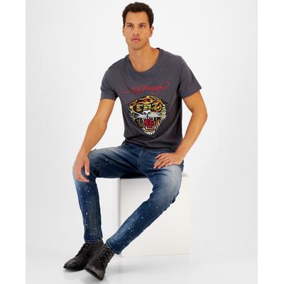 Ed Hardy Mens Rhinestone Tiger Graphic T shirt  Charcoal Gray Medium