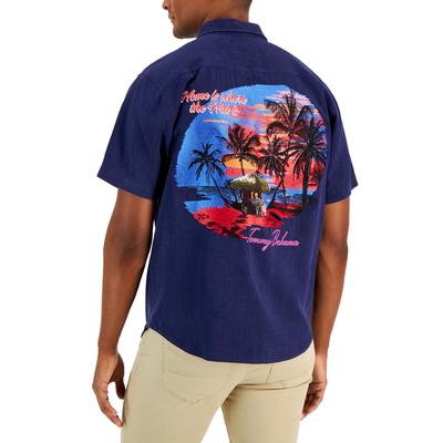 Tommy Bahama Mens Home Is Where The Hut Is Silk Shirt  Island Blue 2XL