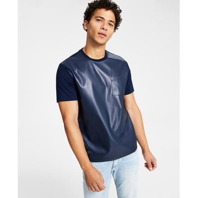 INC Men's Classic Fit Pieced Faux Leather Panel T Shirt Basic Navy Blue Small