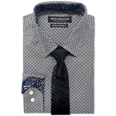 Nick Graham Mens Modern fit Long Sleeve Button-Up Shirt Large Black Geometric