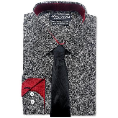 Nick Graham Mens Slim Fit Black Button Down Dress Shirt Tie Set 16 16.5 34 35