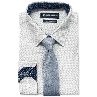 Nick Graham Men's Modern Fit Dress Shirt Tie Set Grey White 14.5 15 34 35