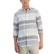 Club Room Men's Trevor Stripe Linen Button Down Shirt Navy Blue Combo Large
