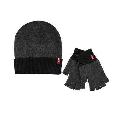 Levis Mens Reversible Beanie Fingerless Glove Set Grey OS