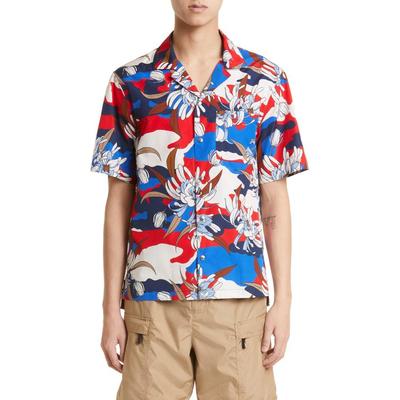 Moncler Mens Tropical Print Short Sleeve Camp Shirt XXL Red Blue Hawaiian