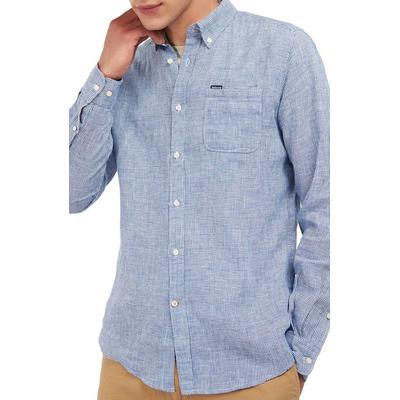 Barbour Mens Linton Linen Micro Check Button Down Shirt Small Blue Tailored Fit