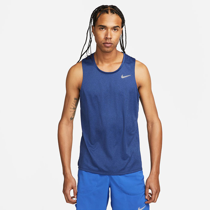 Nike Mens Miler Dri Fit Running Sleeveless Tank T Shirt Navy Silver Small