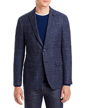John Varvatos Men's Slim Fit Navy Plaid Wool Cotton Linen Blazer 46R Sport Coat