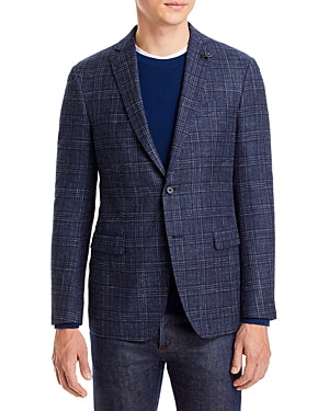 John Varvatos Men's Slim Fit Navy Plaid Wool Cotton Linen Blazer 46R Sport Coat