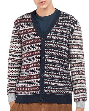 Barbour Mens Burley Cardigan Sweater XL Grey Blue Fair Isle Wool