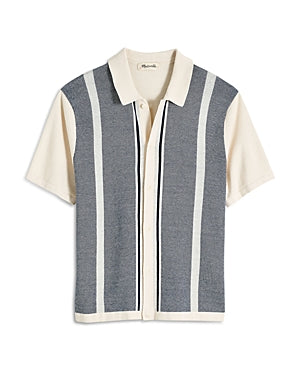 Madewell Mens Cotton Sweater Knit Stripe Button Down Polo Shirt White Small