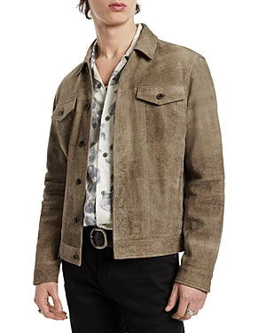 John Varvatos Mens Classic fit Casual Coat Suede Leather Trucker Jacket 48 Brown