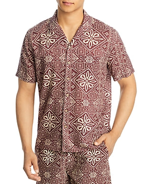 Marine Layer Resort Cotton Printed Short Sleeve Button Down Shirt Brown XL
