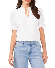 1.STATE Women's Eyelet Short Sleeve Tie Neck Blouse Top XXS White