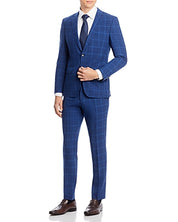HUGO BOSS Huge 2-Pc. Slim Fit Windowpane Suit 38S / 32W Blue Plaid Flat Pant