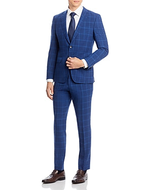 HUGO BOSS Huge 2-Pc. Slim Fit Windowpane Suit 38S / 32W Blue Plaid Flat Pant