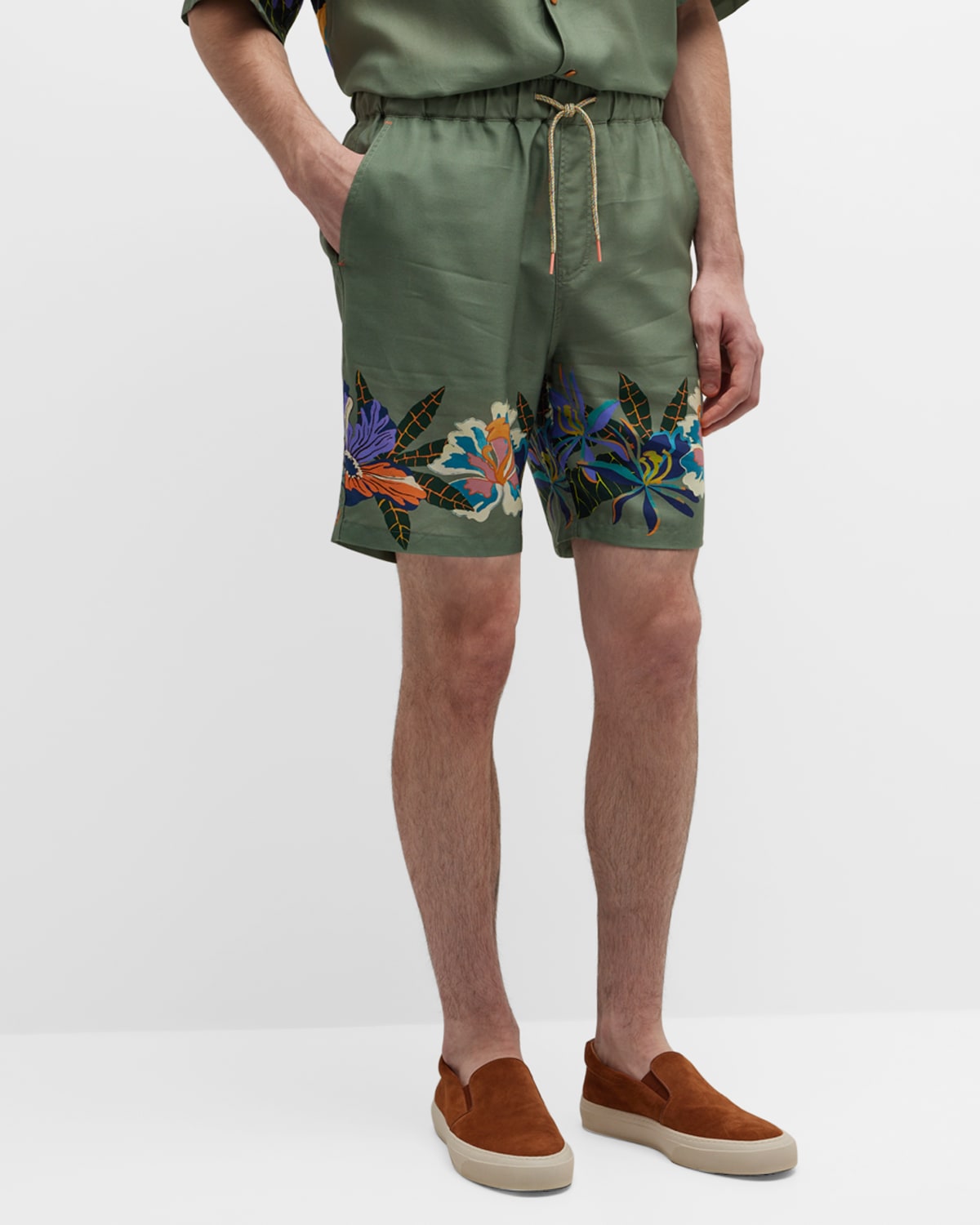 Scotch and Soda Men's Drawstring Shorts with Floral Hem Green Small