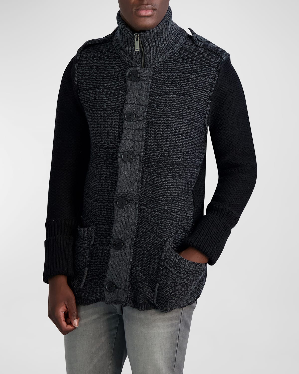 Karl Lagerfeld Paris Men's Mock Neck Cardigan Charcoal/Black Small