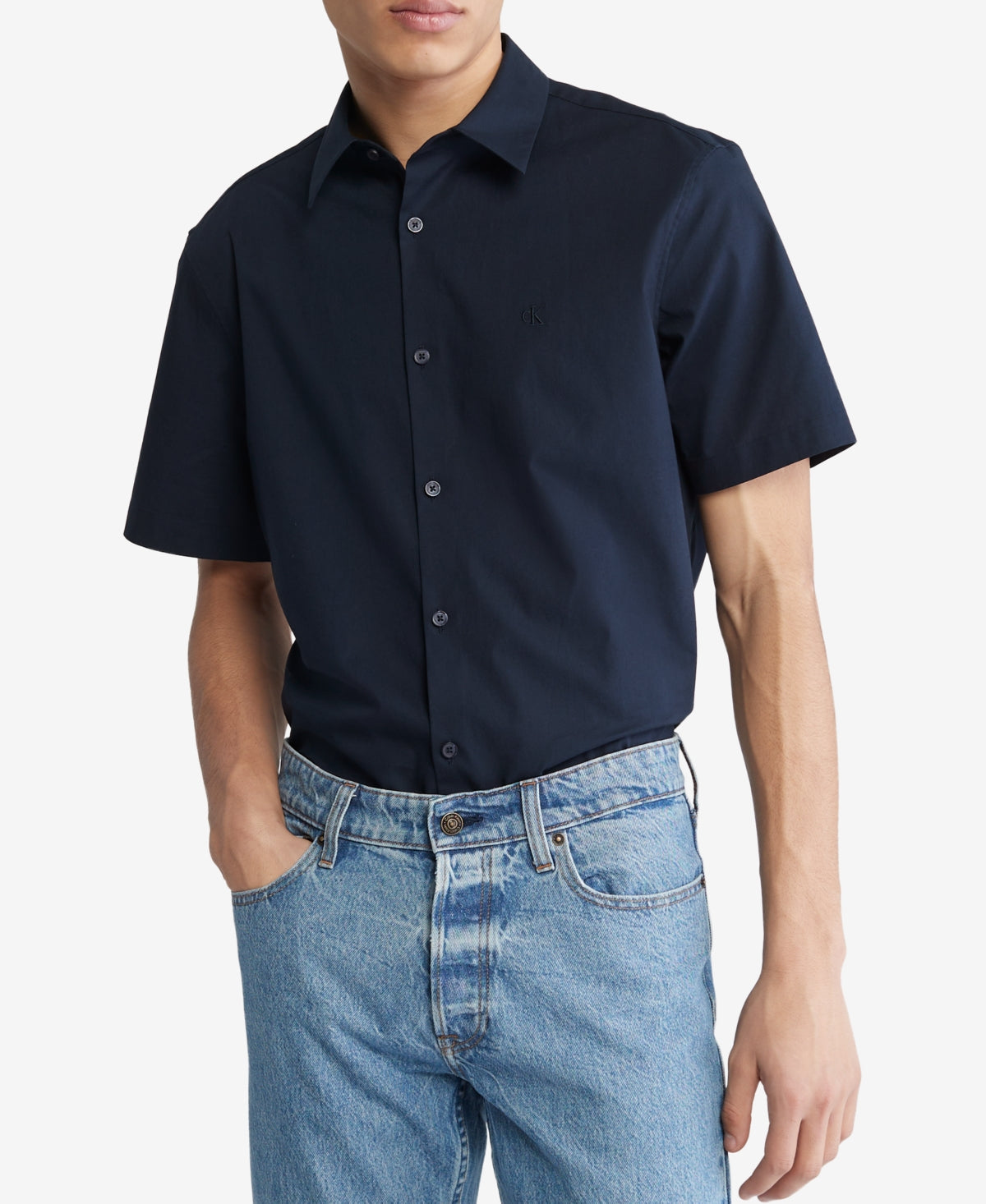Calvin Klein Mens Slim Fit Short Sleeve Button Down Solid Navy Blue Medium